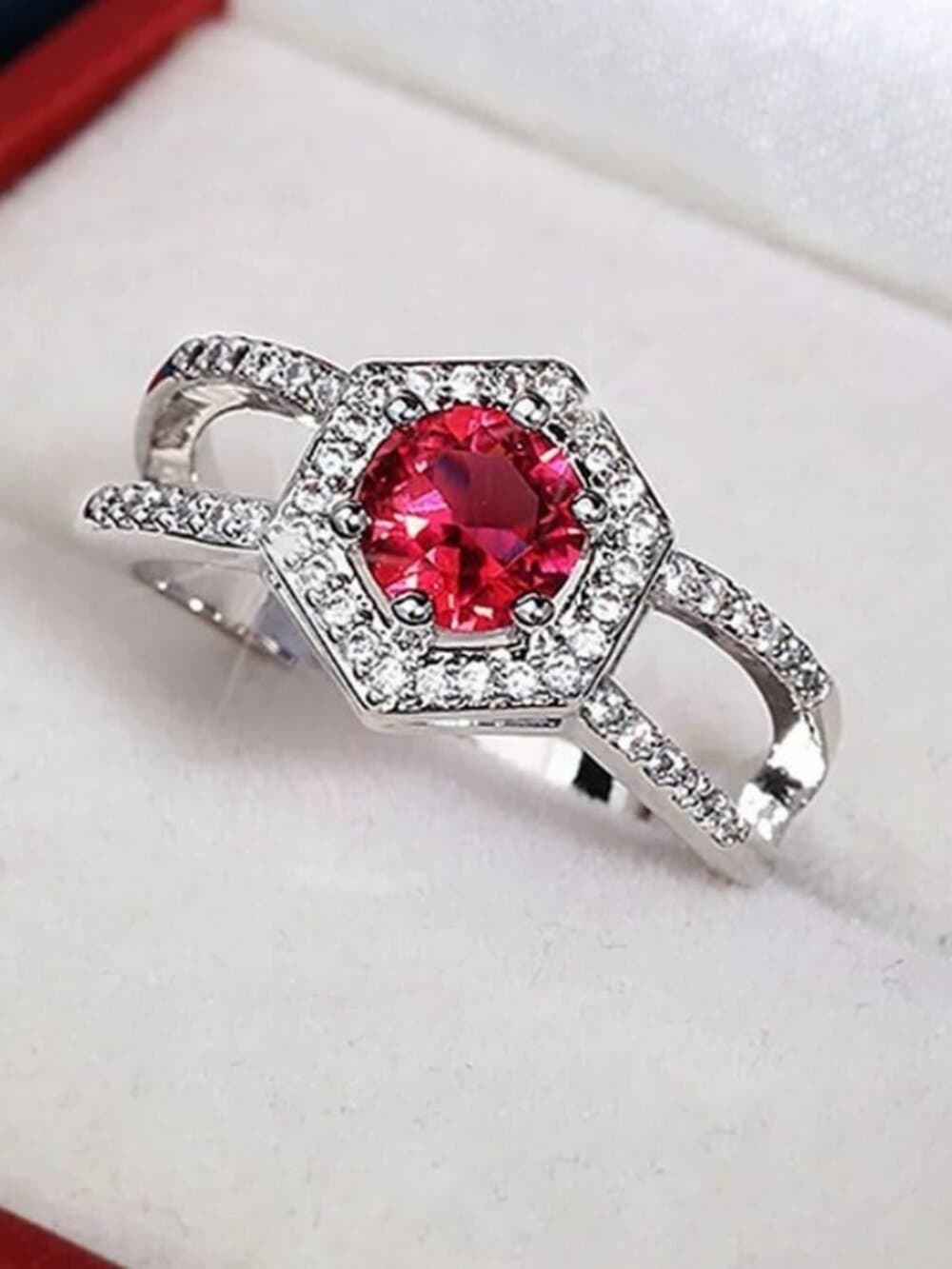 Kiara Grace Womens Rosy Red Hexagon Framed Crystal Silver Ring Size 6 Gift Boxed - Thumbnail 5