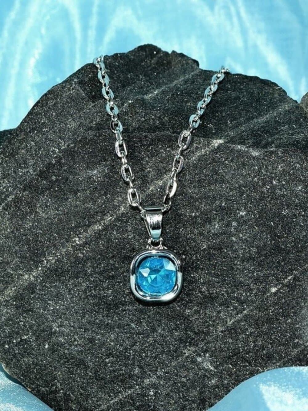 Jemma Topaz Blue Color Square Crystal Pendant Necklace Gift Packaged - Thumbnail 5