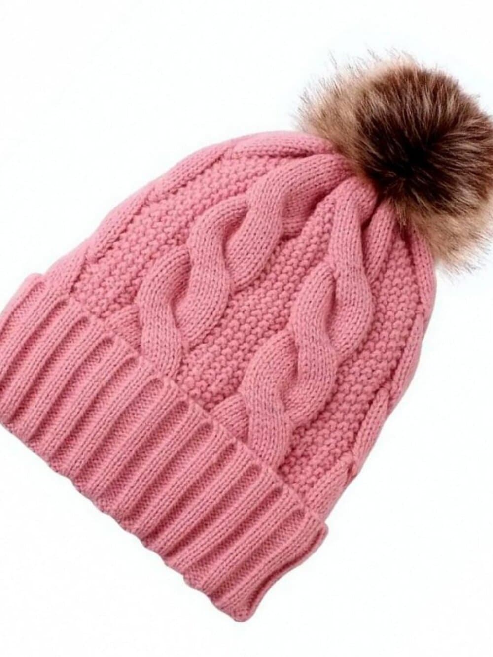 Haylee Glenn Pink Fleece Lined Cable Knit Fur Pom Pom Beanie Hat Gift Packaged - Thumbnail 3