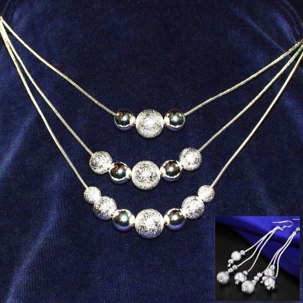 Giavanna Strands 3-Layer Sterling Silver Bead Necklace Dangle Earrings Gift Set - Thumbnail 5