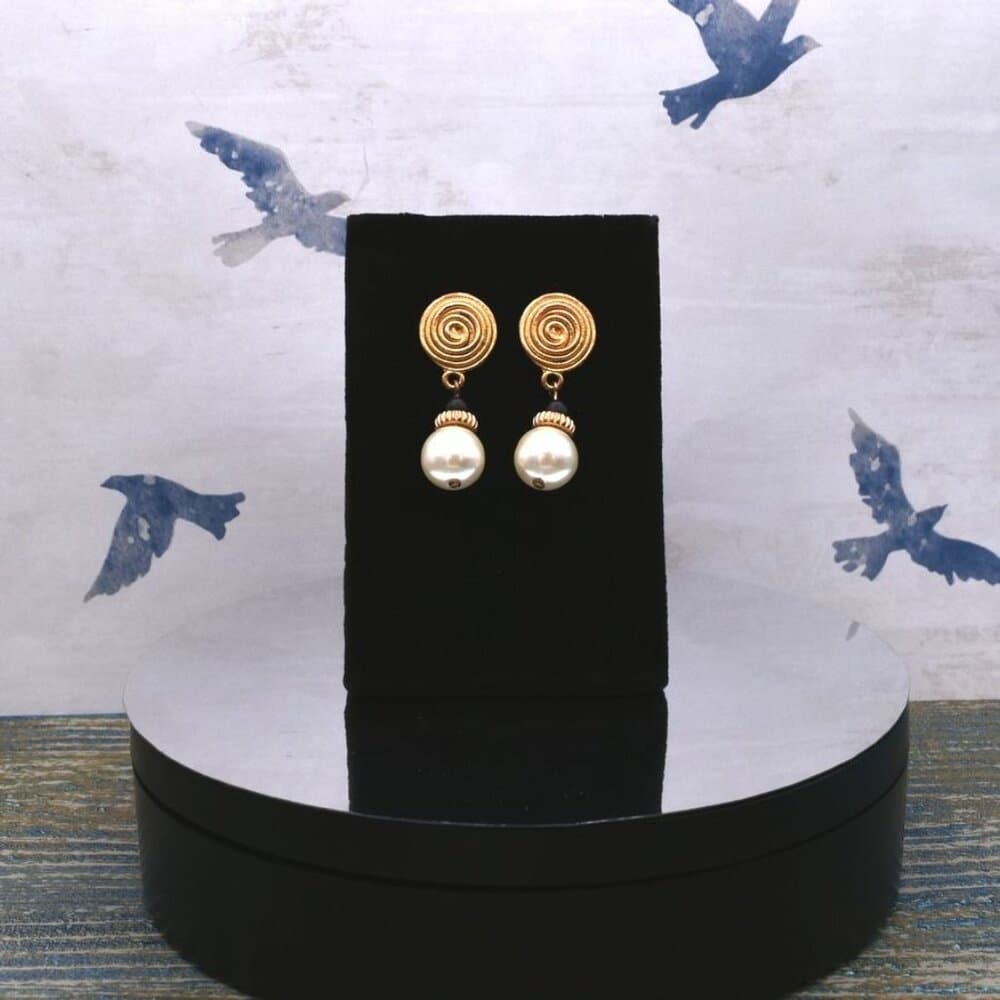 Gold Spin Pattern Medallion Pearl Drop Earrings Caroline C Estate Collection - Thumbnail 3