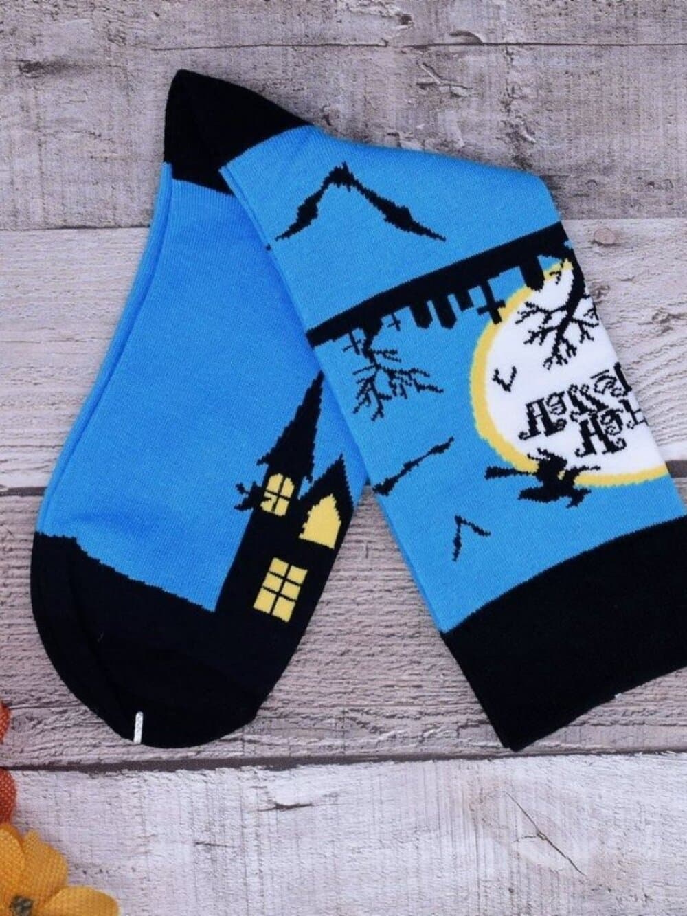 Happy Haunts Halloween Socks Witches Haunted House Blue Black Gift Packaged - Thumbnail 3