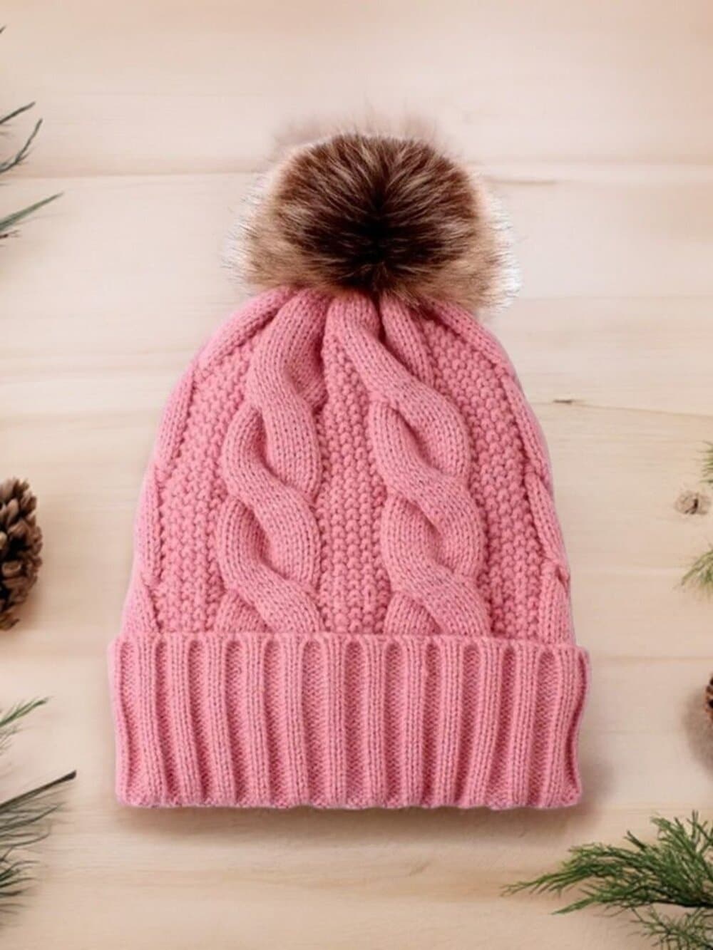 Haylee Glenn Pink Fleece Lined Cable Knit Fur Pom Pom Beanie Hat Gift Packaged - Thumbnail 5