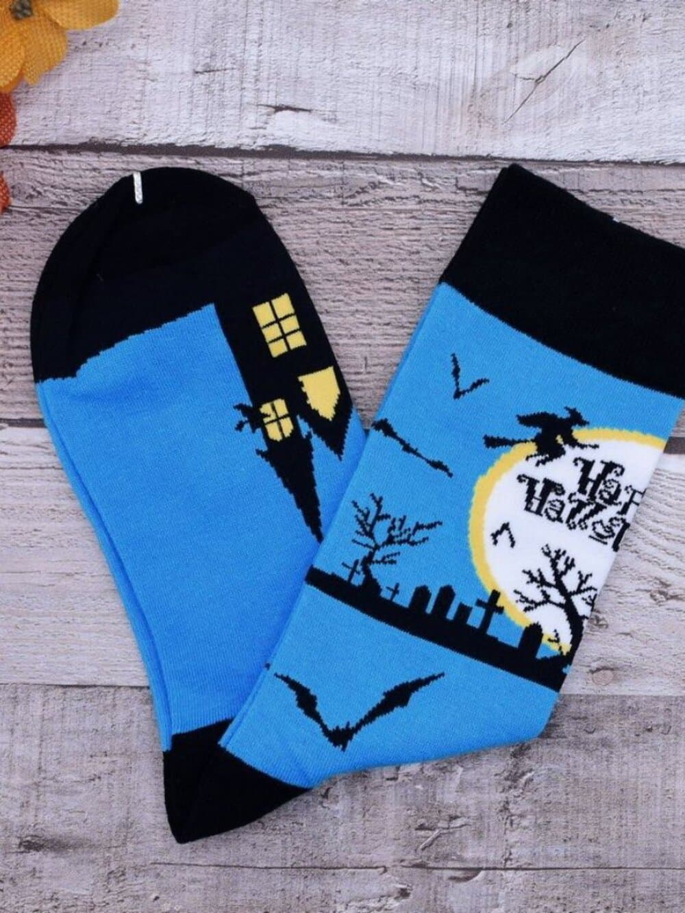 Happy Haunts Halloween Socks Witches Haunted House Blue Black Gift Packaged - Thumbnail 5