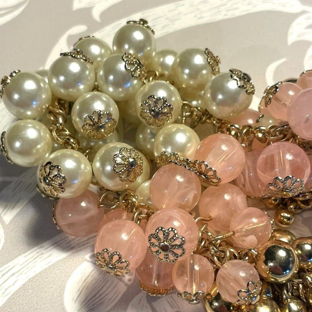 Gold Pink Cream Layered Bauble Necklace Caroline C Estate Collection Piece - Thumbnail 2