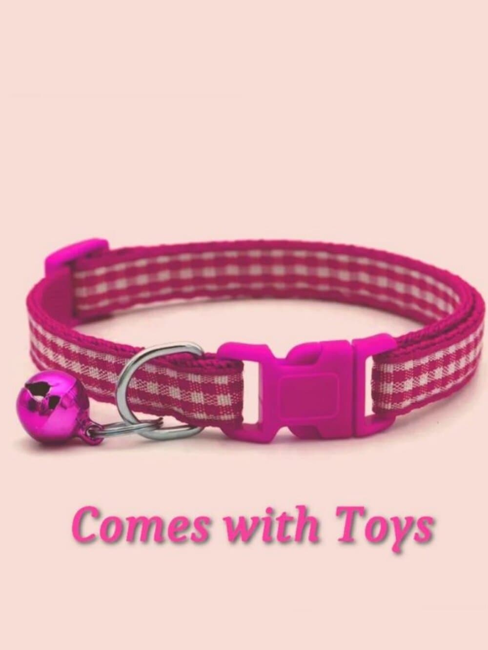 Jamie Jase Fuschia Gingham Plaid Bell Accented Cat Collar with Toys Gift Package - Thumbnail 5