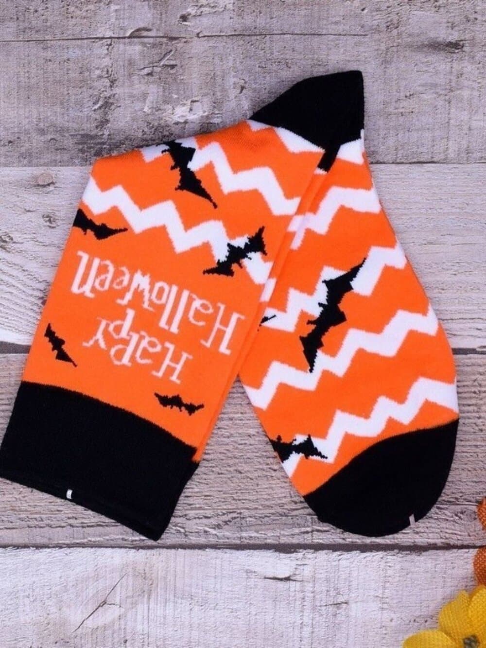 Happy Haunts Halloween Socks White Chevron Black Bats Orange Gift Packaged - Thumbnail 3