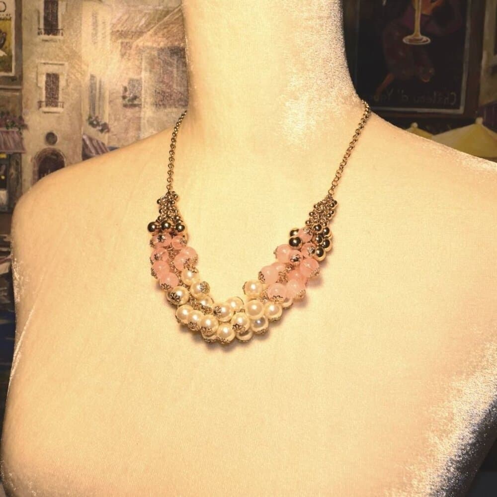Gold Pink Cream Layered Bauble Necklace Caroline C Estate Collection Piece - Thumbnail 5