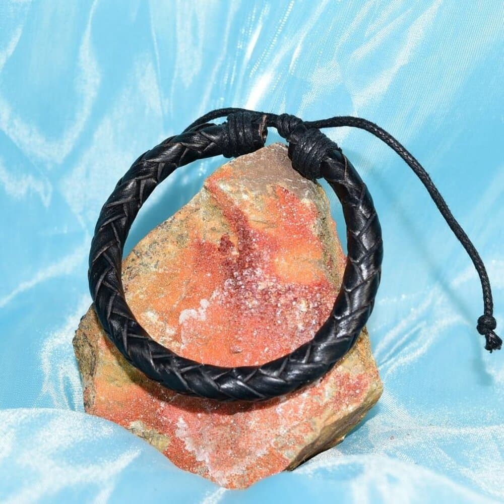 Jonah Lee Mens Leather Rope Herringbone Braided Bracelet Black Gift Boxed - Thumbnail 2