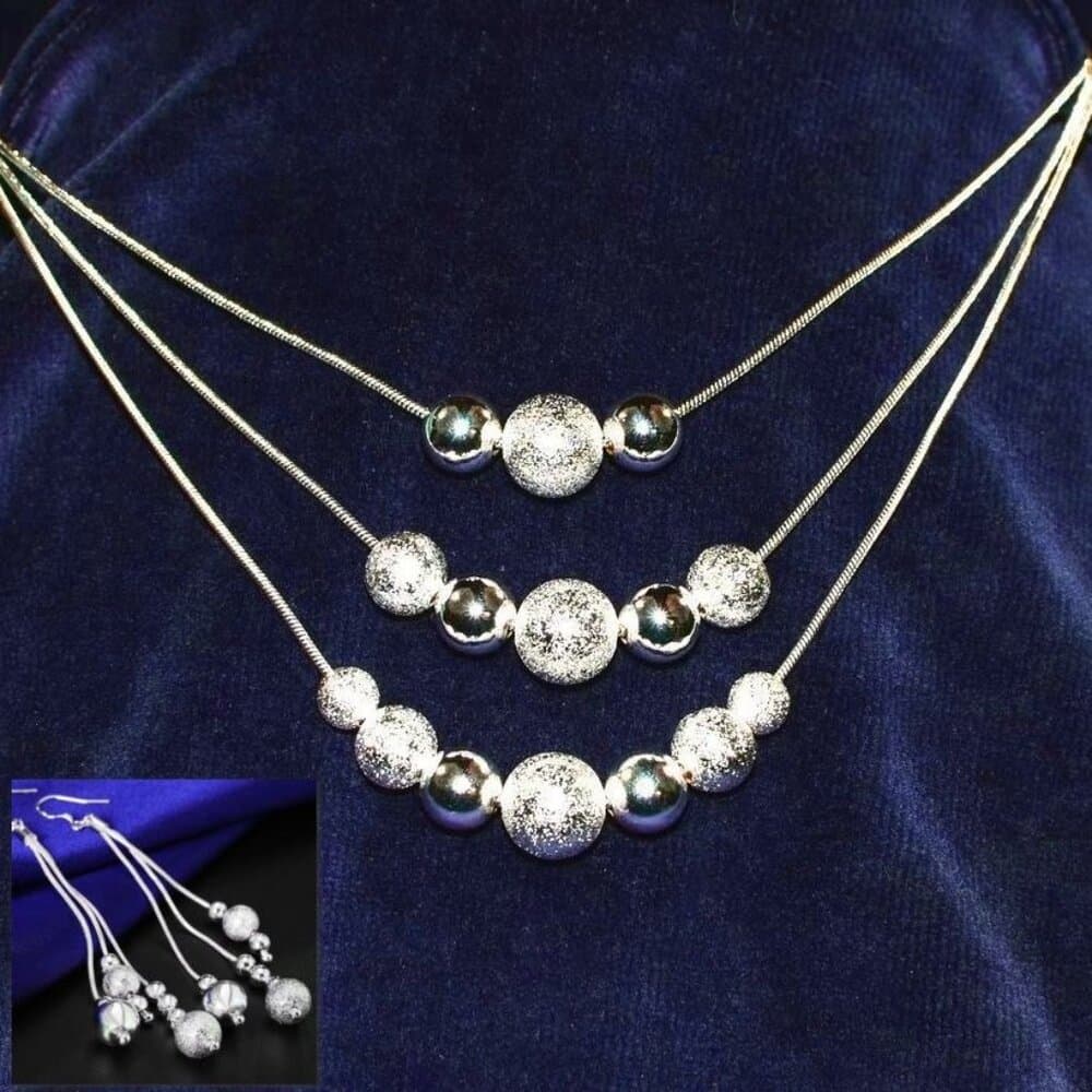 Giavanna Strands 3-Layer Sterling Silver Bead Necklace Dangle Earrings Gift Set - Thumbnail 9