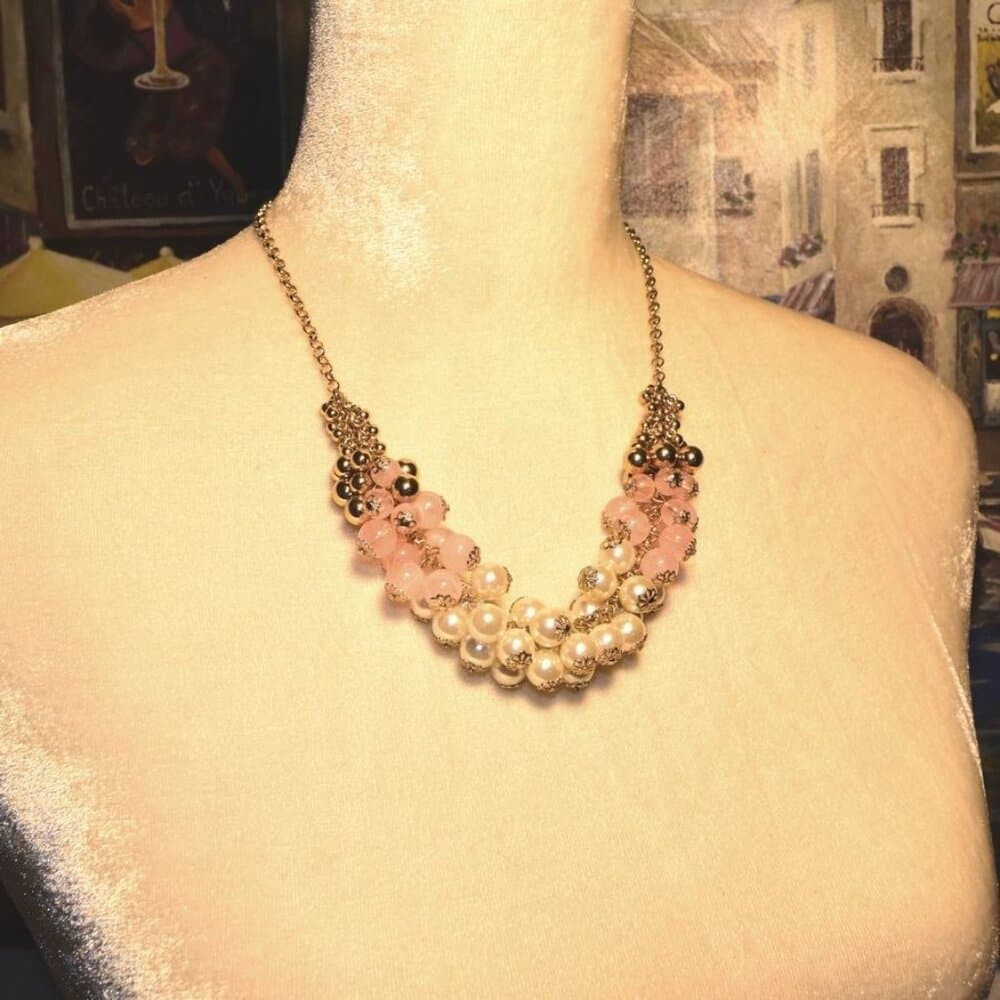 Gold Pink Cream Layered Bauble Necklace Caroline C Estate Collection Piece - Thumbnail 9