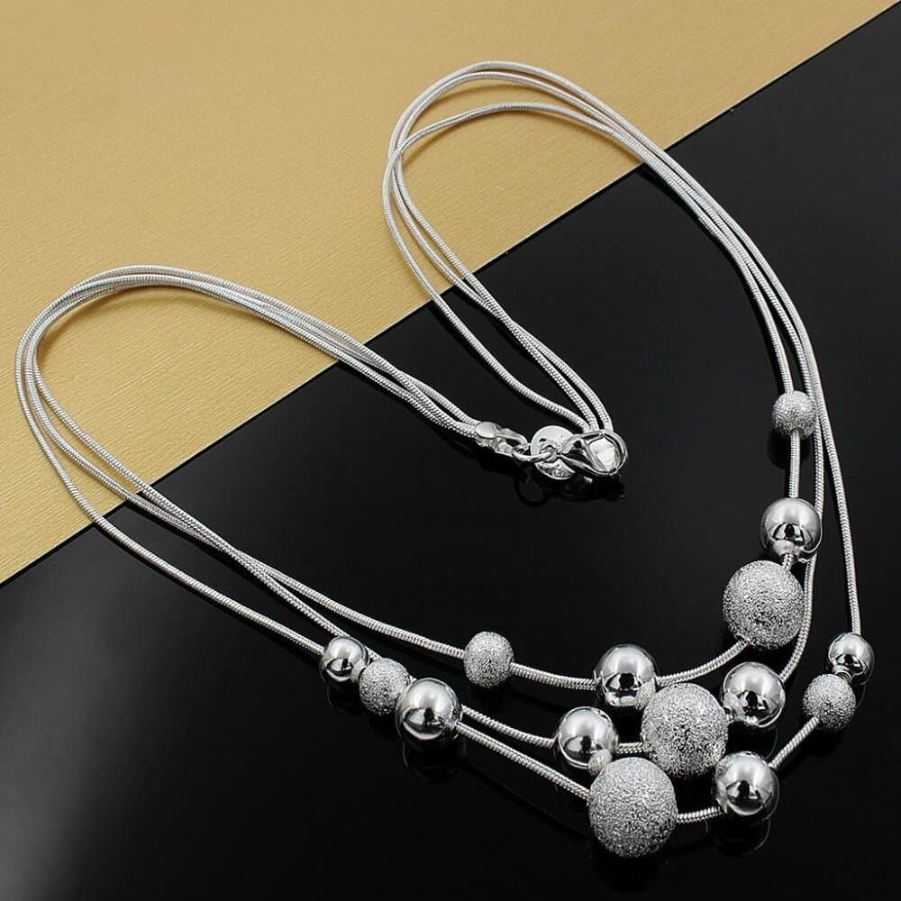 Giavanna Strands 3-Layer Sterling Silver Bead Necklace Dangle Earrings Gift Set - Thumbnail 2