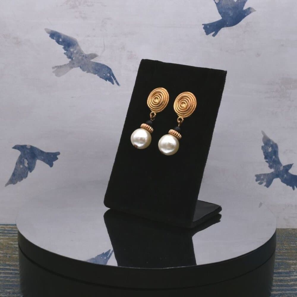 Gold Spin Pattern Medallion Pearl Drop Earrings Caroline C Estate Collection - Thumbnail 4