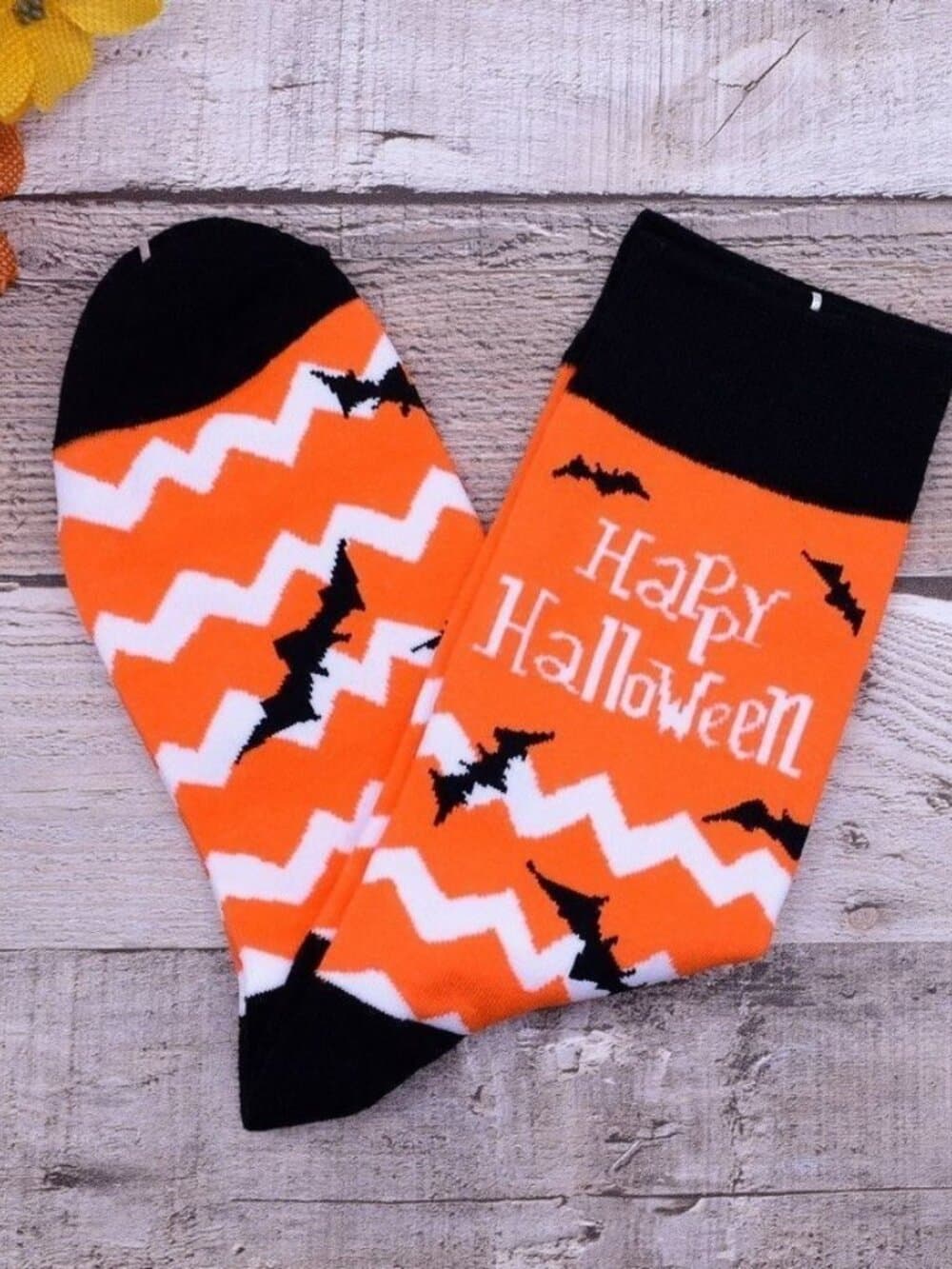 Happy Haunts Halloween Socks White Chevron Black Bats Orange Gift Packaged - Thumbnail 5