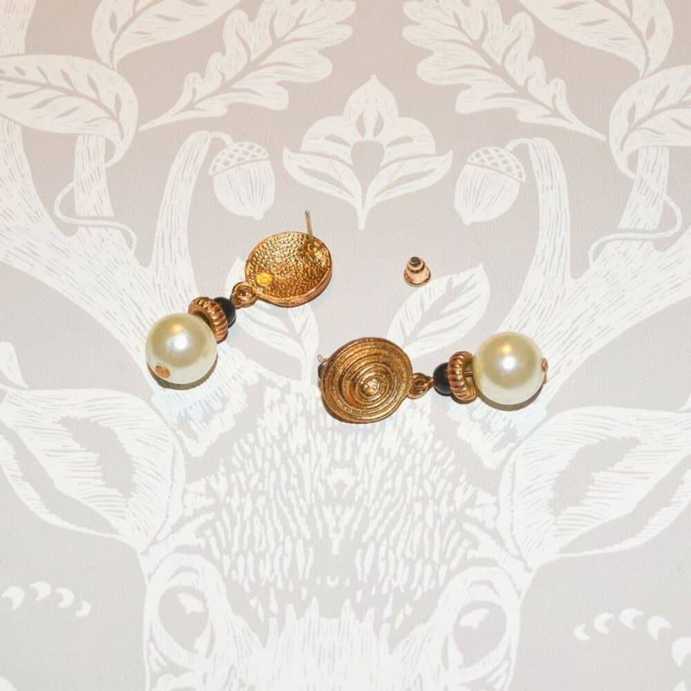 Gold Spin Pattern Medallion Pearl Drop Earrings Caroline C Estate Collection - Thumbnail 2