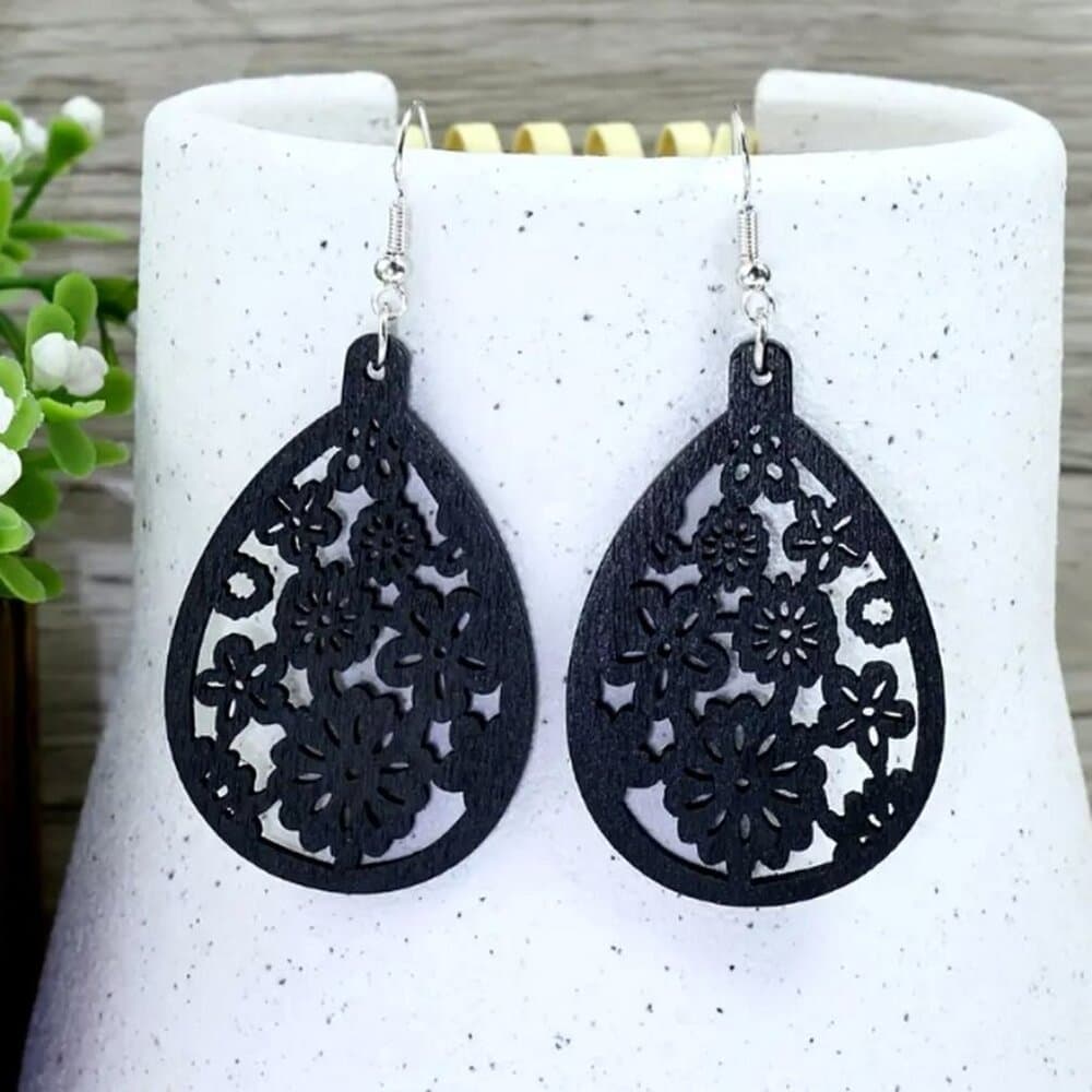 Ellisa Raine Sweet Black Floral Wood Filigree Water Drop Earrings Gift Packaged - Thumbnail 2