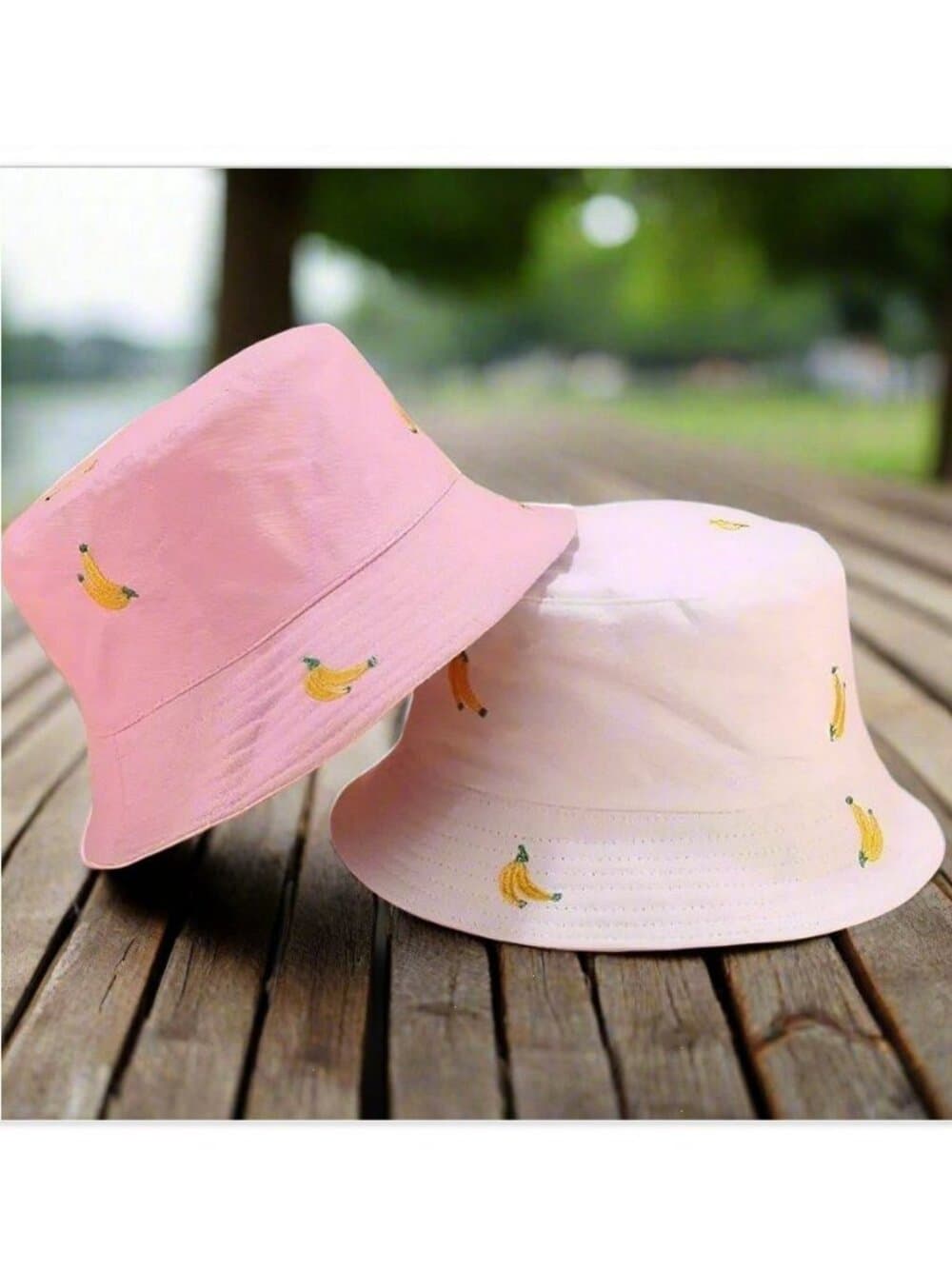 Everlynn Reversible Bucket Hat Banana Embroidered Cotton Twill Pink White OSFM