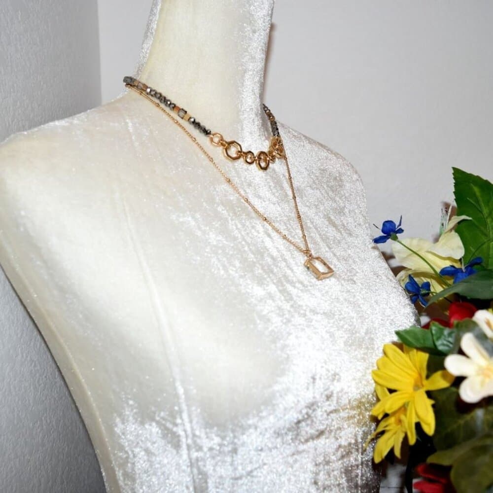 Double Layer Beaded Embellished Geo Necklace Caroline C Estate Collection Piece - Thumbnail 3