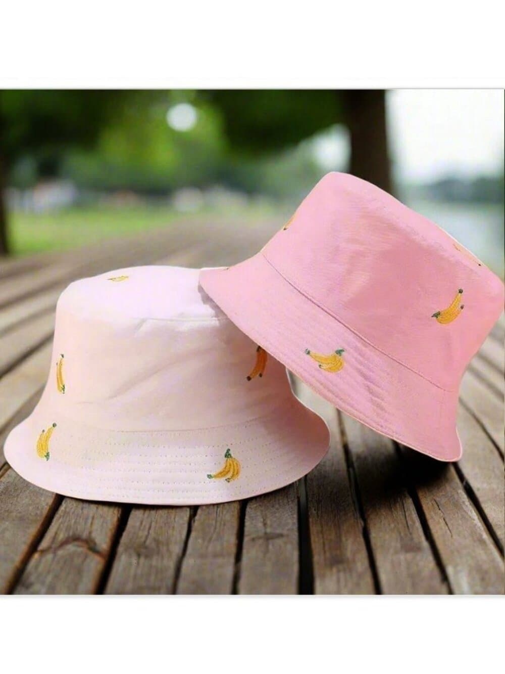 Everlynn Reversible Bucket Hat Banana Embroidered Cotton Twill Pink White OSFM - Thumbnail 3