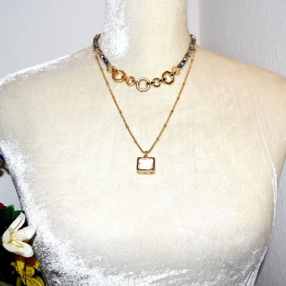 Double Layer Beaded Embellished Geo Necklace Caroline C Estate Collection Piece - Thumbnail 9
