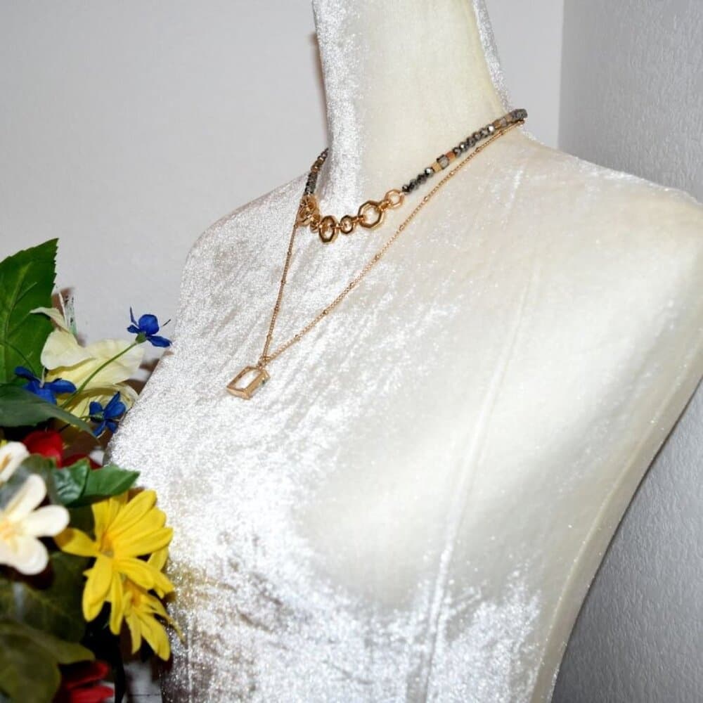Double Layer Beaded Embellished Geo Necklace Caroline C Estate Collection Piece - Thumbnail 2