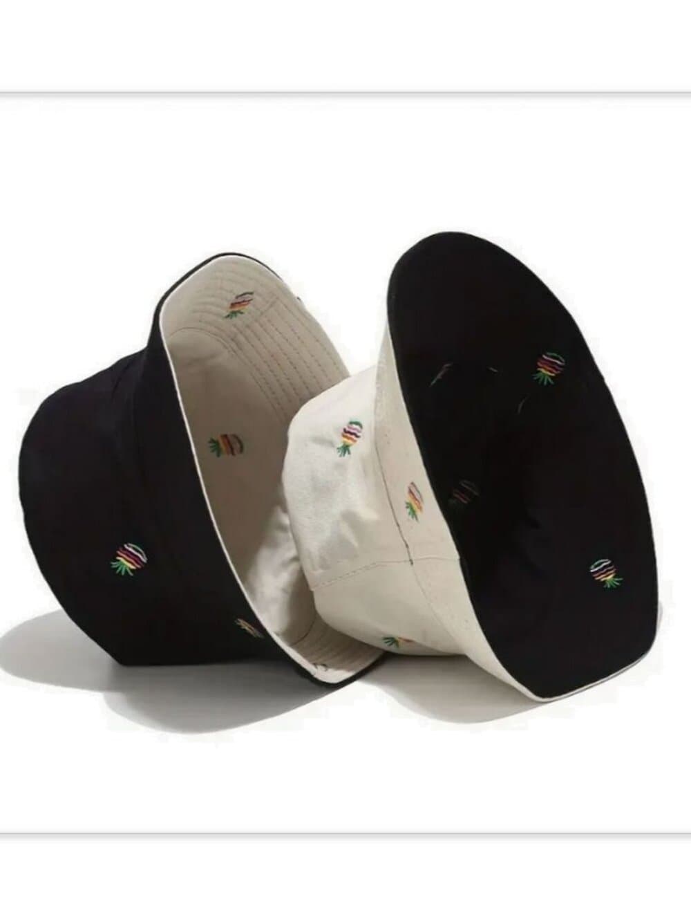 Everlynn Reversible Bucket Hat Pineapple Embroidered Cotton Twill Tan Black OSFM - Thumbnail 2