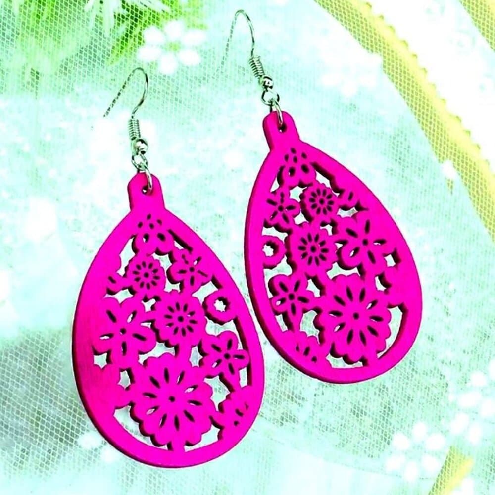 Ellisa Raine Sweet Pink Floral Wood Filigree Water Drop Earrings Gift Packaged - Thumbnail 7