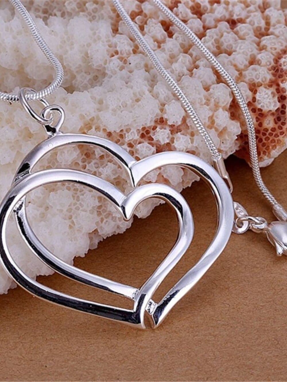 Florence Love Double Hearts Sterling Silver Pendant Necklace Gift Packaged - Thumbnail 2