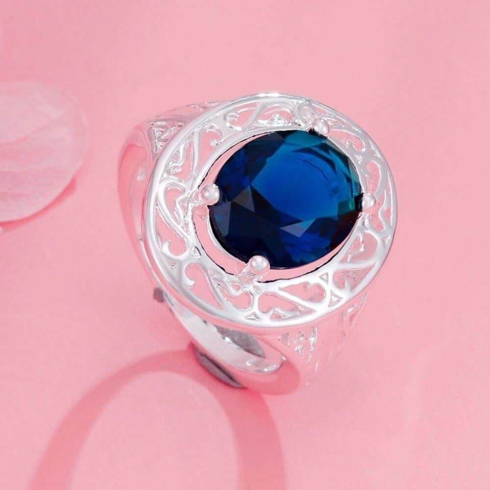 Emmalynn Sapphire-Blue Crystal Silver Cocktail Ring Size 7.5 Gift Boxed - Thumbnail 3