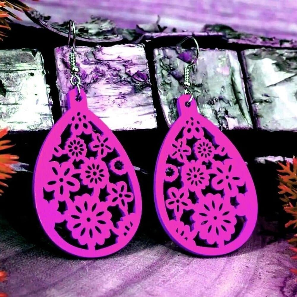 Ellisa Raine Sweet Pink Floral Wood Filigree Water Drop Earrings Gift Packaged - Thumbnail 2
