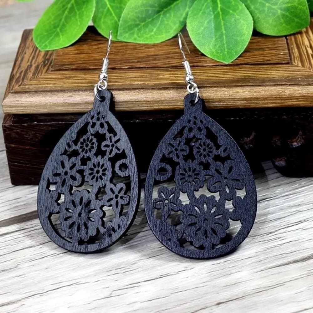 Ellisa Raine Sweet Black Floral Wood Filigree Water Drop Earrings Gift Packaged - Thumbnail 7