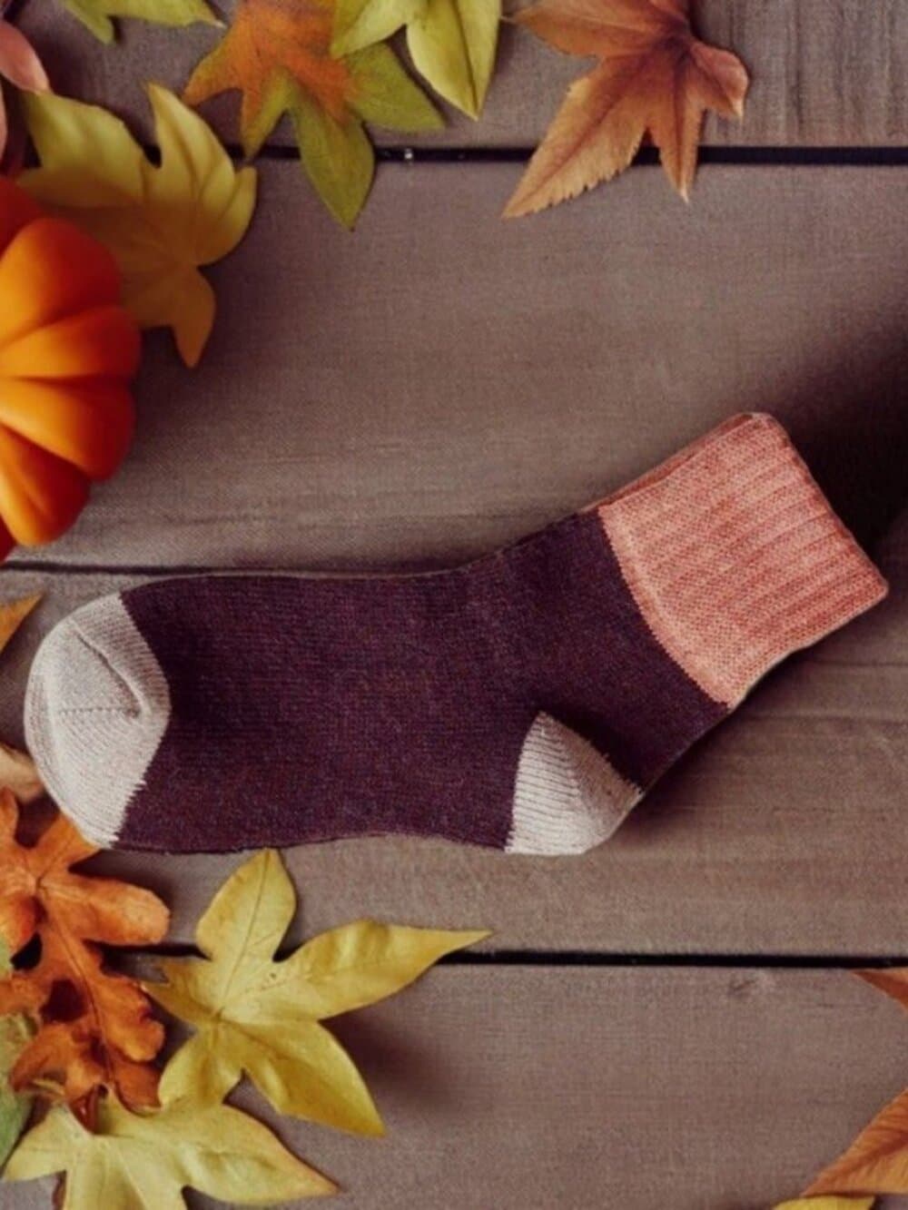 Chelsea Colorblock Womens Crew Socks Deep Brown with Coral and Tan Gift Packaged - Thumbnail 3