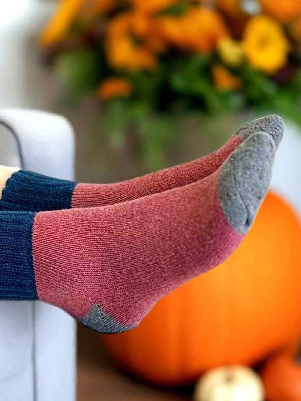 Chelsea Colorblock Womens Crew Socks Deep Brown with Coral and Tan Gift Packaged - Thumbnail 2