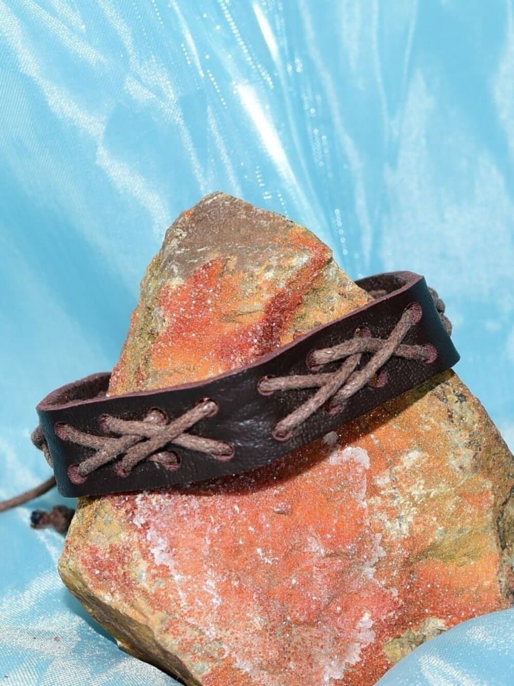 Caz Punch Cross Stitch Leather Bracelet Brown on Brown Mens Gift Boxed - Thumbnail 5