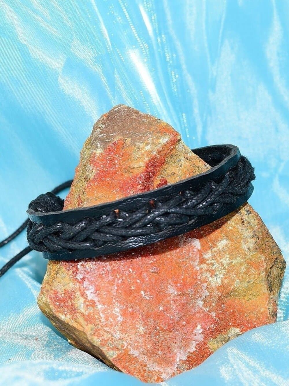 Caz Punch Cross Stitch Leather Bracelet Black on Black Mens Gift Boxed - Thumbnail 5
