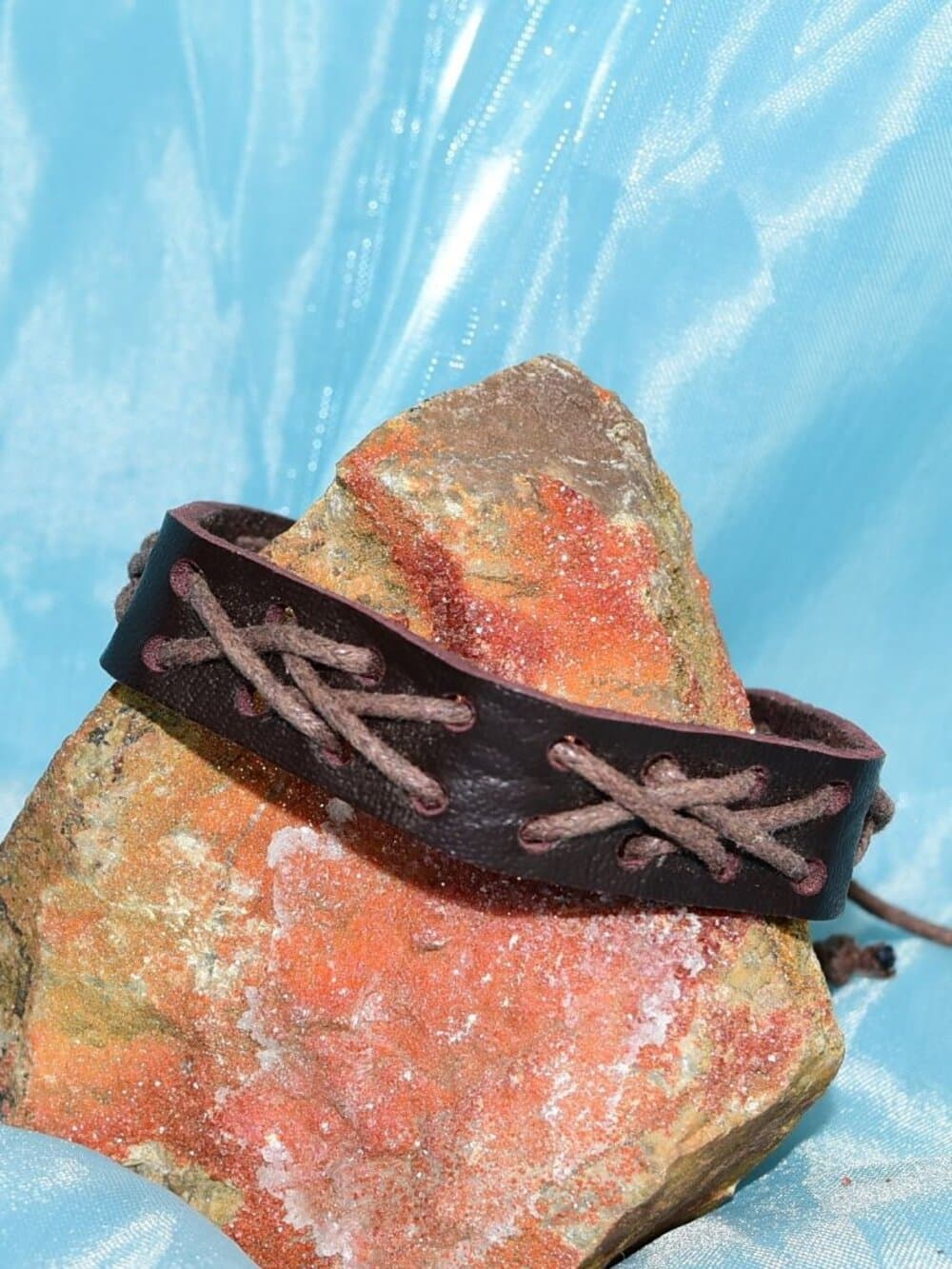 Caz Punch Cross Stitch Leather Bracelet Brown on Brown Mens Gift Boxed - Thumbnail 3
