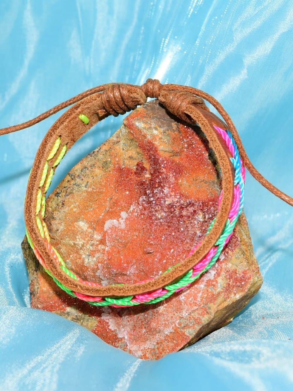 Caz Punch Cross Stitch Leather Bracelet Green Pink Yellow Gift Boxed Womens - Thumbnail 2