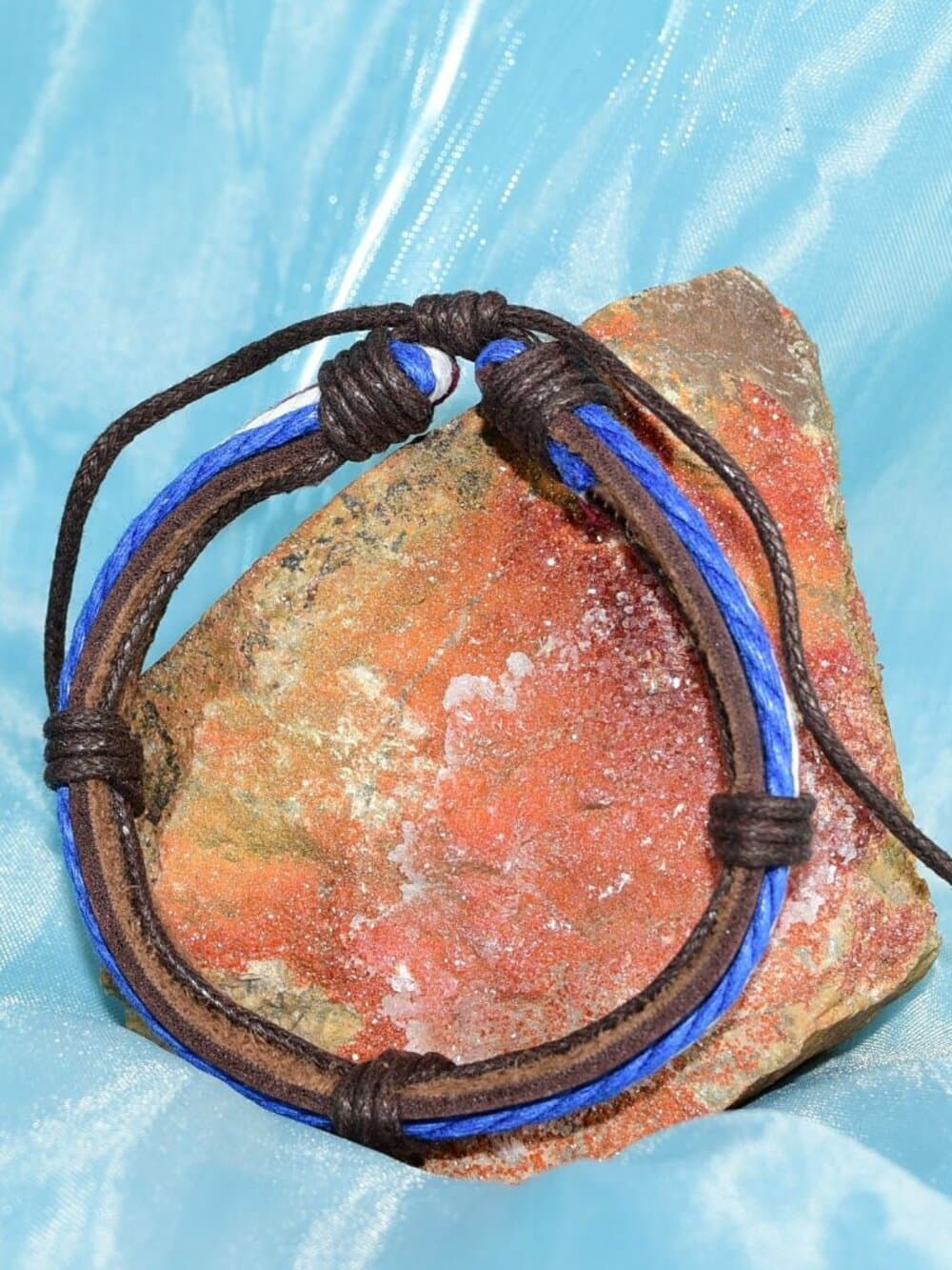 Cameron Layer Hemp Tie Leather Bracelet Brown Red White Blue Mens Gift Boxed - Thumbnail 2