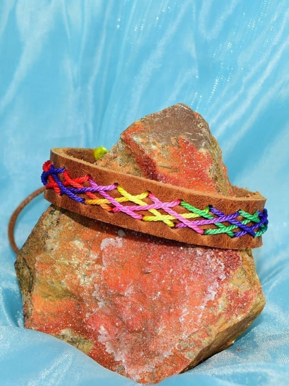 Caz Punch Cross Stitch Leather Bracelet Pink Blue Yellow Brown Womens Gift Boxed - Thumbnail 5