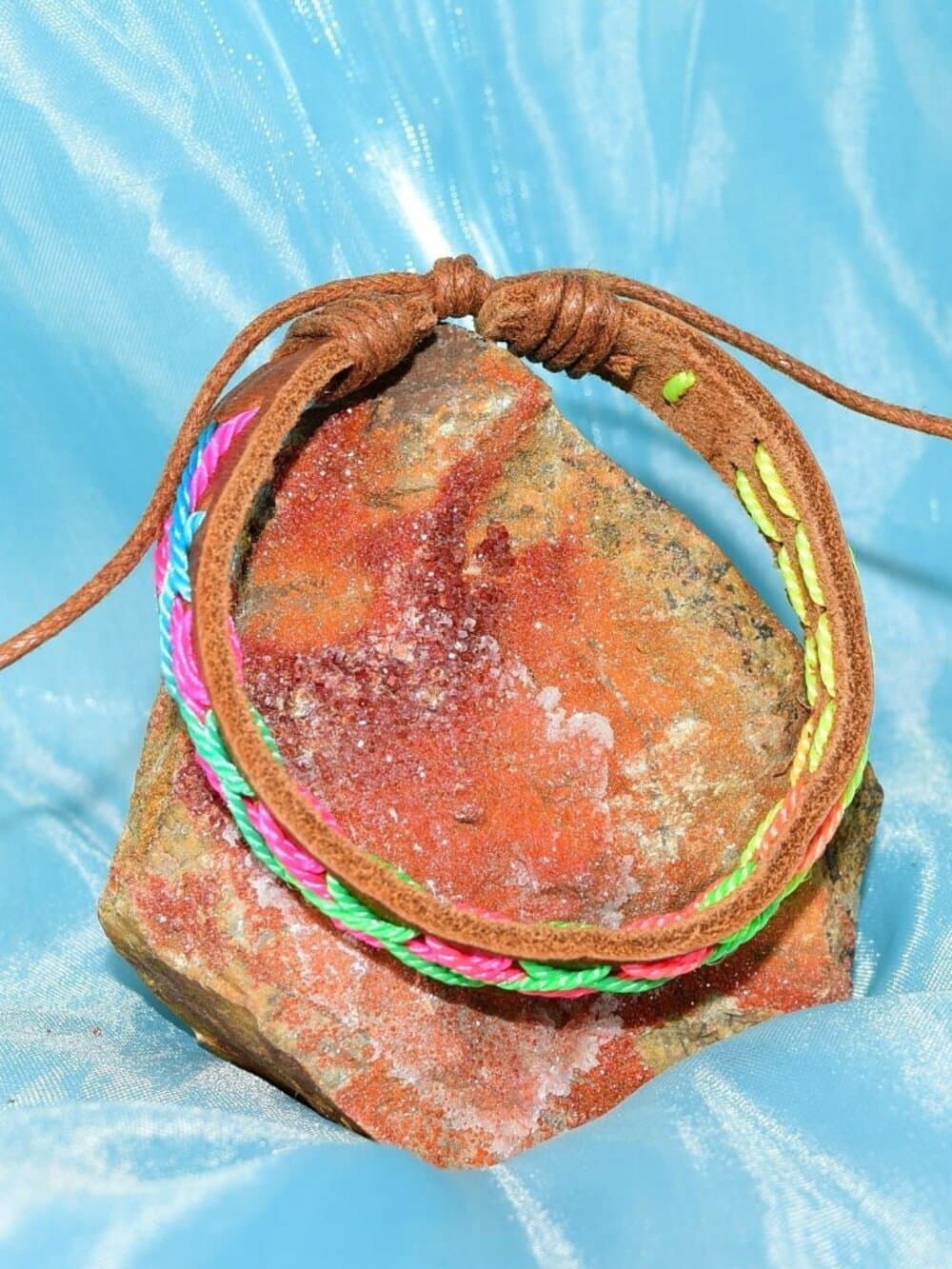 Caz Punch Cross Stitch Leather Bracelet Green Pink Yellow Mens Gift Boxed - Thumbnail 4