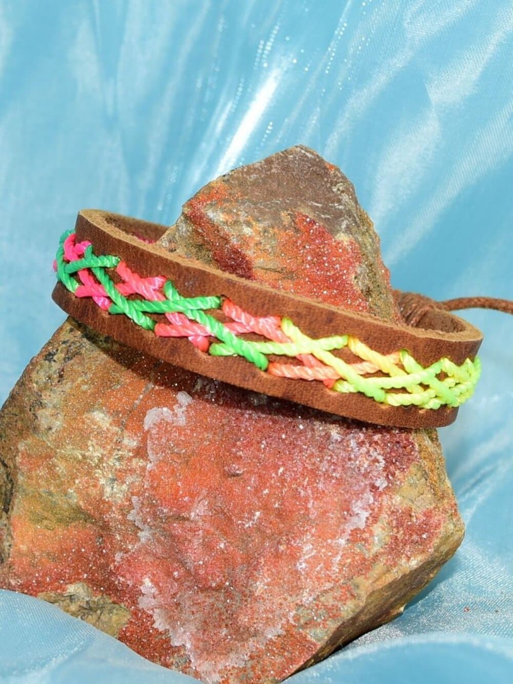 Caz Punch Cross Stitch Leather Bracelet Green Pink Yellow Mens Gift Boxed - Thumbnail 3