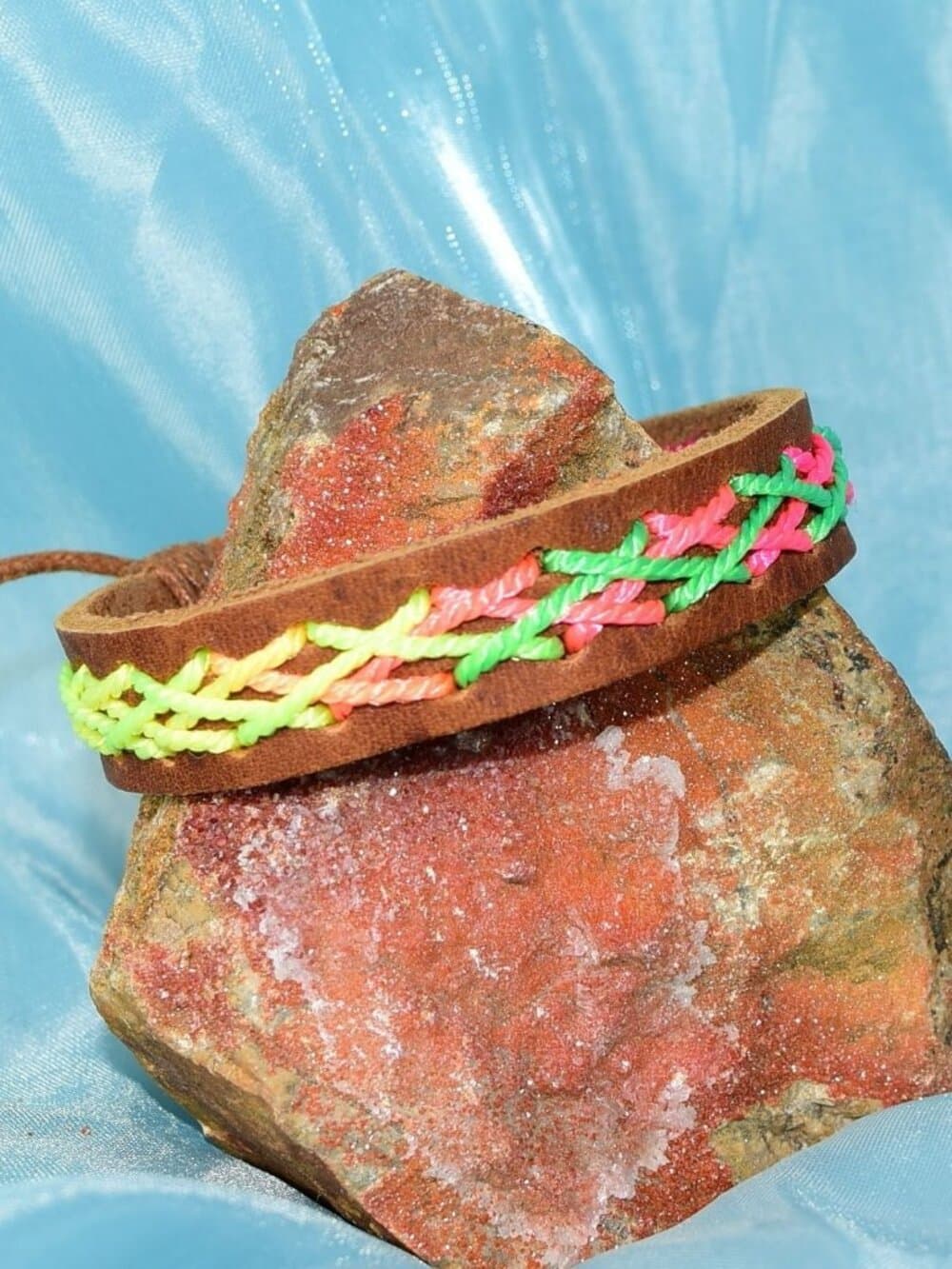 Caz Punch Cross Stitch Leather Bracelet Green Pink Yellow Gift Boxed Womens - Thumbnail 3