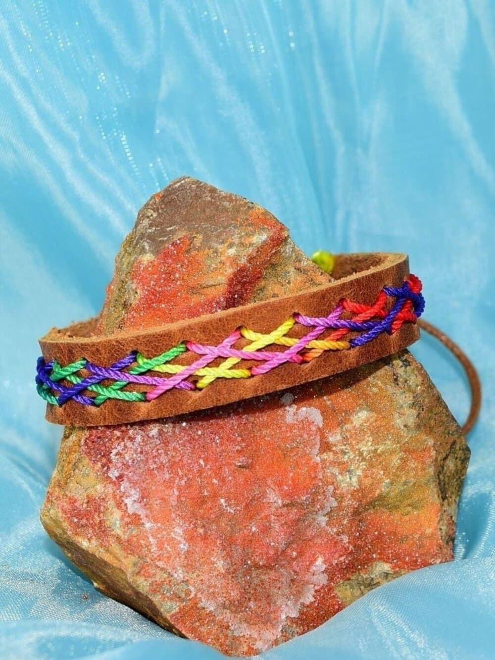 Caz Punch Cross Stitch Leather Bracelet Pink Blue Yellow Brown Mens Gift Boxed - Thumbnail 5