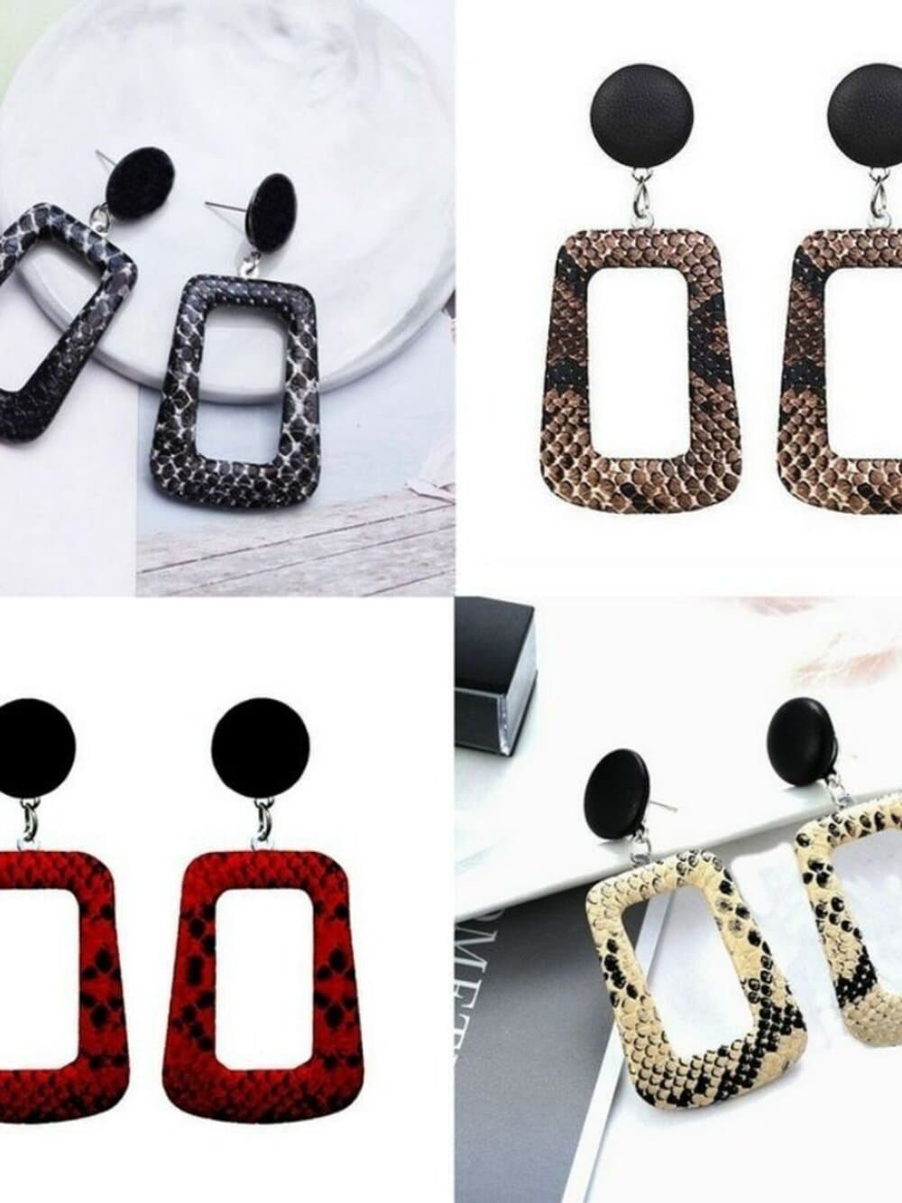 Briella Style Snake Skin Open Square Dangle Earrings Brown Black Gift Packaged - Thumbnail 2