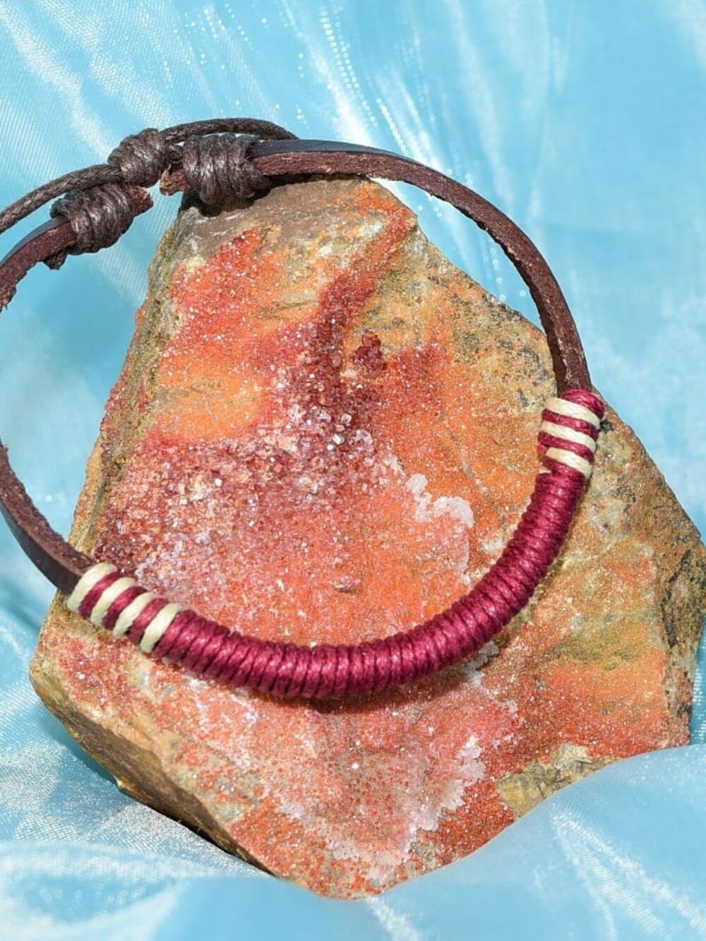 Taylor Rei Hemp Accent Bound Leather Bracelet Maroon Wine Red Mens Gift Boxed - Thumbnail 4