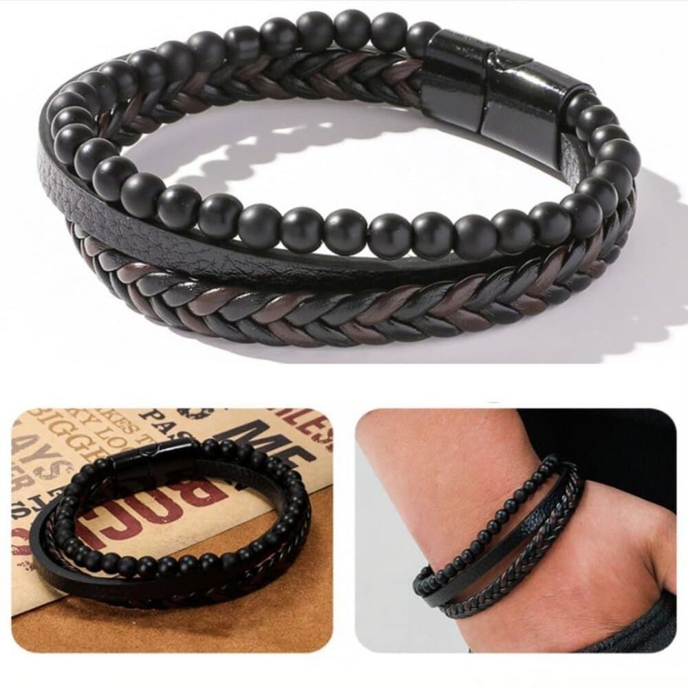 Vault Alijah Braided Beaded Triple Layer Metal Clasp Leather Bracelet Gift Boxed - Thumbnail 2