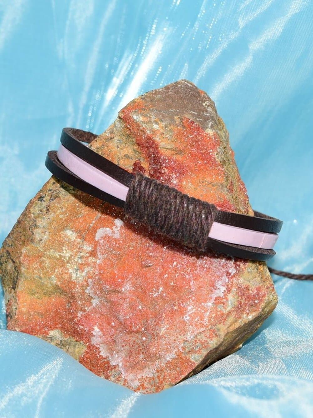 Skye Lane Hemp Accent Boho Tie Leather Bracelet Brown Pink Mens Gift Boxed - Thumbnail 3