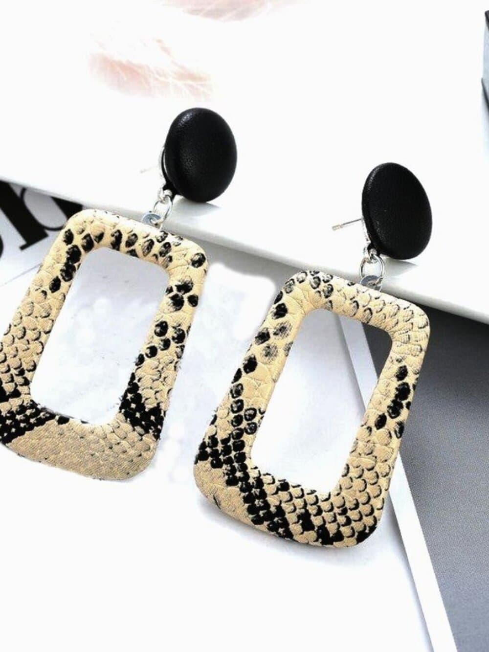 Briella Style Snake Skin Open Square Dangle Earrings Beige Black Gift Packaged - Thumbnail 3