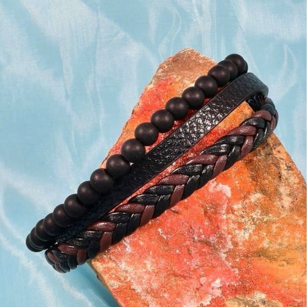 Vault Alijah Braided Beaded Triple Layer Metal Clasp Leather Bracelet Gift Boxed - Thumbnail 3