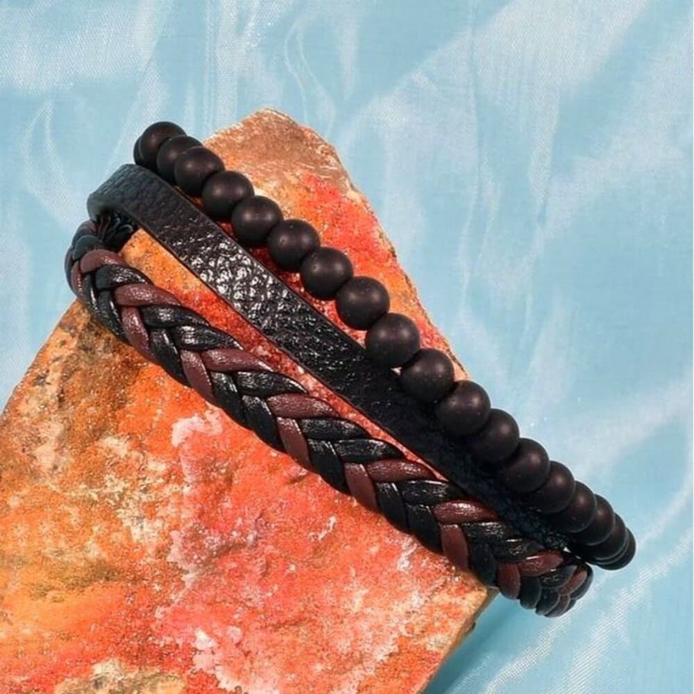 Vault Alijah Braided Beaded Triple Layer Metal Clasp Leather Bracelet Gift Boxed - Thumbnail 8